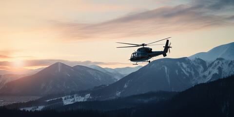 Fototapeta premium rescue helicopter flying in the sky above the high mountain range,