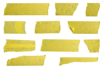 adhesive tape set collection of yellow different tapes, scratched and crumpled realistic...