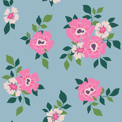 Seamless floral pattern, pretty ditsy print with vintage rustic motif. Cute botanical design, ornament of simple hand drawn bouquets: small pink flowers, leaves on blue background. Vector illustration