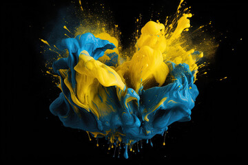 bursted yellow and blue color paints on a black background