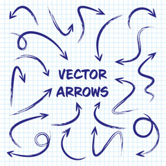 Grunge hand drawn arrows on checkered paper sheet. School notebook for drawing. Doodle arrow icon, simple monochrome pointer silhouettes. Outline, line art. Vector illustration