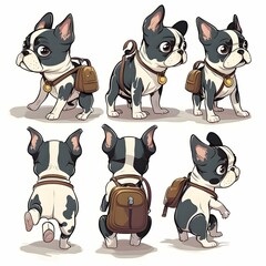 boston terrier character multiple poses and expressions children book wearing a small hiking backpack no outline  - obrazy, fototapety, plakaty