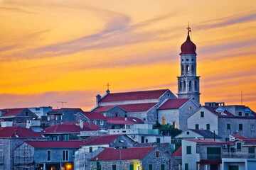Town of Betina skyline at sunset, mediterranean landmarks on Murter island, Dalmatia, Croatia