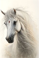 white arabian horse with long flowing mane amd soft facial features white background amylyn bihrle styel 