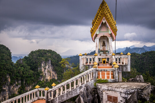 View of top of Tiger cave temple Krabi. The famous buddhist temple in Southern Thailand is reached by climbing 1.237 steep stairs.
