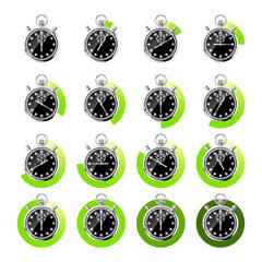 Realistic classic stopwatch. Shiny metal chronometer, black time counter with dial. Green countdown timer showing minutes, seconds. Time measurement for sport, start and finish. Vector illustration