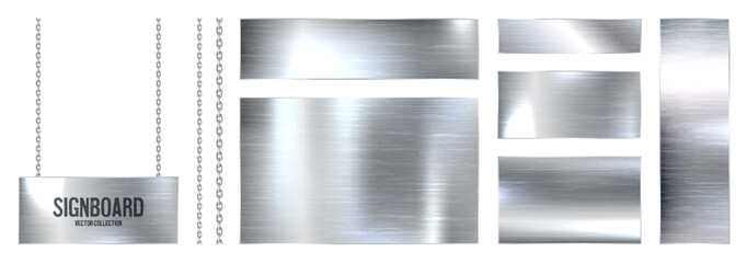 Metal banners hanging on a chain. Realistic shiny steel plate with screws. Polished silver metal surface. Vector illustration