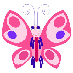 Smiling butterfly with open wings on white background. Cartoon colored vector illustration for children's book, decoration, print, character