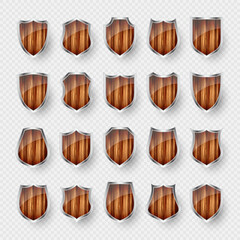 Set of wooden vintage shield icons. Black heraldic shields. Protection and security symbol, label. Vector illustration