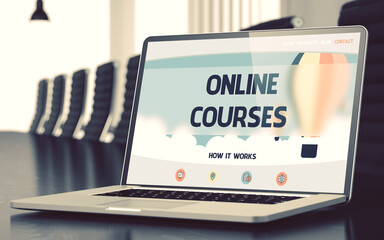 Closeup Online Courses Concept on Landing Page of Mobile Computer Display in Modern Conference Room. Toned Image. Blurred Background. 3D Render.