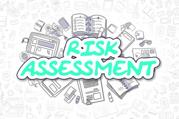 Cartoon Illustration of Risk Assessment, Surrounded by Stationery. Business Concept for Web Banners, Printed Materials.