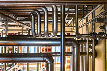 Industrial steel stainless pipes with valves. Pipeline system for delivering components