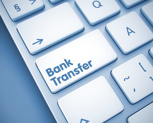 Online Service Concept: Bank Transfer on the Computer Keyboard lying on the Toned Background. Closeup View on Modern Computer Keyboard - Bank Transfer Keypad. 3D Illustration.