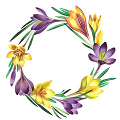 Wildflower crocuses flower wreath in a watercolor style isolated. Full name of the plant:...