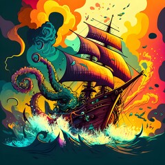 sea monster kraken attacking Pirat ship comic style colorful 