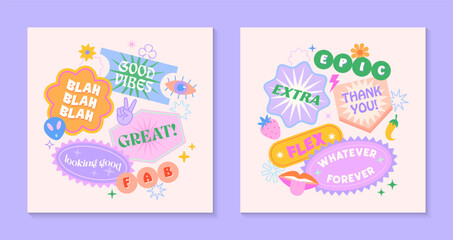 Vector set of cute templates with patches and stickers in 90s style.Modern symbols in y2k aesthetic with text.Trendy funky designs for banners,social media marketing,branding,packaging,covers