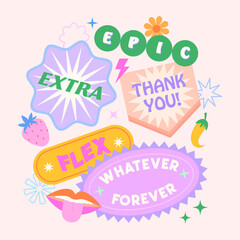 Vector set of cute template with patches and stickers in 90s style.Modern symbols in y2k aesthetic with text.Trendy funky design for banners,social media marketing,branding,packaging,covers