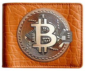 Wallet with bitcoin on transparent PNG background, cryptocurrency concept, digital illustration. Generative AI