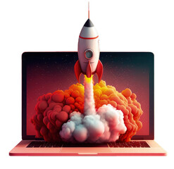 Rocket on laptop screen on PNG transparent background, startup concept, digital illustration. Generative AI - obrazy, fototapety, plakaty