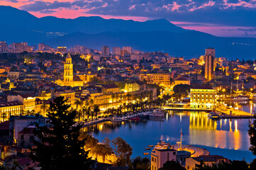 City of Split aerial panoramic view at dawn, waterfront and Diocletian palace, Dalmatia, Croatia