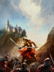 Fantasy battle of a knight in golden armor with many enemies, the knight defends the road to the castle on the mountain road, dynamic plot, vertical composition with space for text, book cover.