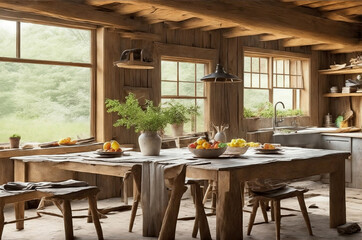 Illustration of the interior of a kitchen in a rustic house, natural light day scene.- AI Generative 