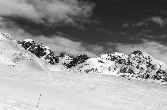 Black and white ski slope at sun winter day. Tetnuldi, Caucasus Mountains, Svaneti region of Georgia.