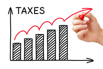 Hand drawing Rising Taxes graph concept with marker on transparent wipe board.