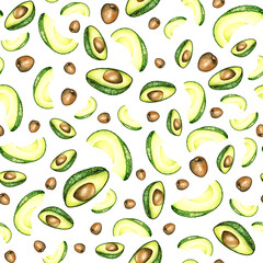 Seamless pattern, avocado, spices, watercolor hand drawn. For design, fabric, packaging, food and kitchen, cafe and restaurant towels.