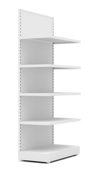 White Empty Retail Shelves. Side View. Isolated On White Background. 3D Illustration
