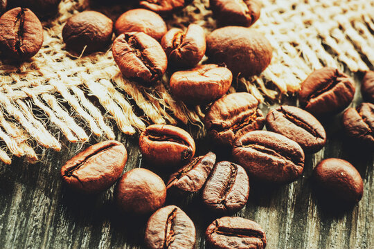 Coffee. Coffe beans on wood. Vintage coffee