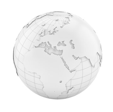 White earth globe isolated on white background with shadow. 3D illustration