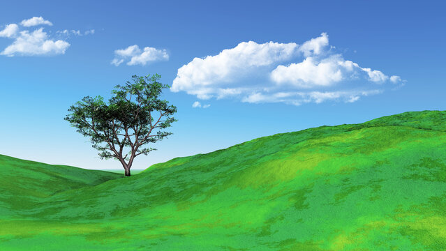3D render of a grassy landscape with tree