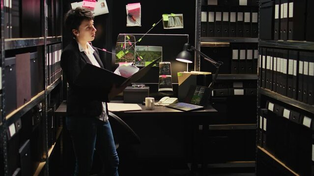 Law agent examines confidential records, trying to identify suspect on surveillance photos. Investigator gathering intelligence with forensic sicence report, detective inspector.