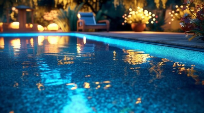 An enchanting image of a clean pool illuminated by soft lighting, with reflections dancing on the water's surface, creating a tranquil and inviting atmosphere for evening relaxation. Generative AI