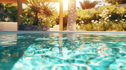 A clean and sparkling pool with crystal clear water, glistening in the sunlight, inviting viewers to dive in and enjoy a refreshing swim. Generative AI
