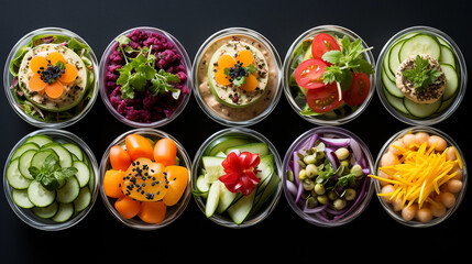 Fototapeta na wymiar A platter of colorful and crunchy crudité cups with hummus or creamy dip