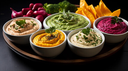 A platter of colorful and crunchy crudit&eacute; cups with hummus or creamy dip