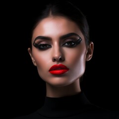Portrait of beautiful woman with red lips and professional make-up. Portrait of beautiful girl with bright make-up and red lips on a black background. Fashion portrait of brunette lady with red lips.