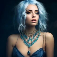 Portrait of a beautiful young woman with blue hair and jewelry. Jewelry and beauty. Portrait of a beautiful girl. Fashion portrait of beautiful model  with professional makeup and stylish hairstyle.