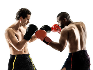 two caucasian kickboxing kickboxer men isolated on white background