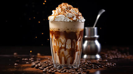 A mug of iced coffee with a swirl of whipped cream and a sprinkle of cocoa powder