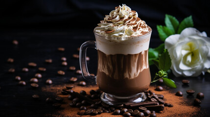 A mug of iced coffee with a swirl of whipped cream and a sprinkle of cocoa powder
