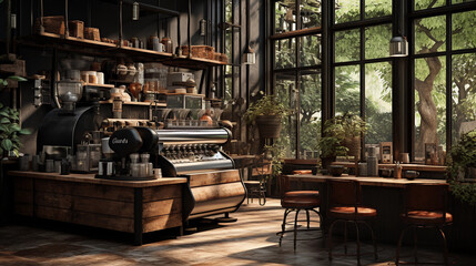 A stylish coffee shop interior with a barista's workstation, espresso machine, and a display of coffee beans. - obrazy, fototapety, plakaty