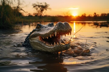 crocodile snapping out of the water with its mouth open at sun rise with backlight - generative ai - obrazy, fototapety, plakaty