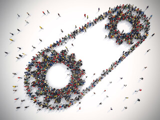 3D Rendering of people united form two gears. Teamwork system concept