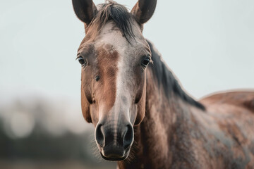 Wild horse staring into the camera. Portrait shot of a wild stallion.