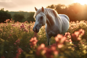 Obraz na płótnie Canvas Horse standing in a flower field. 