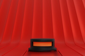 Simple blank black round podium pedestal on red background, mockup display for production show, 3D rendering.