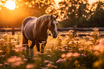 Chestnut mare in a flower field in the heart of Montana.